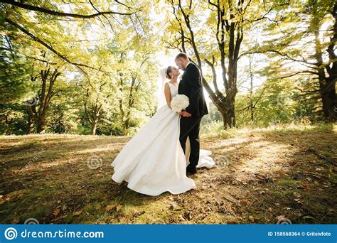 Young Bride with Groom Walking in the Forest. Woman with Long White Dress and Man in Black Suit ...