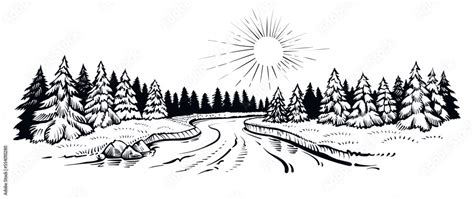 Black and white vector illustration of the river landscape with forest ...