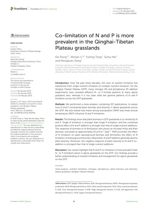 (PDF) Co-limitation of N and P is more prevalent in the Qinghai-Tibetan Plateau grasslands