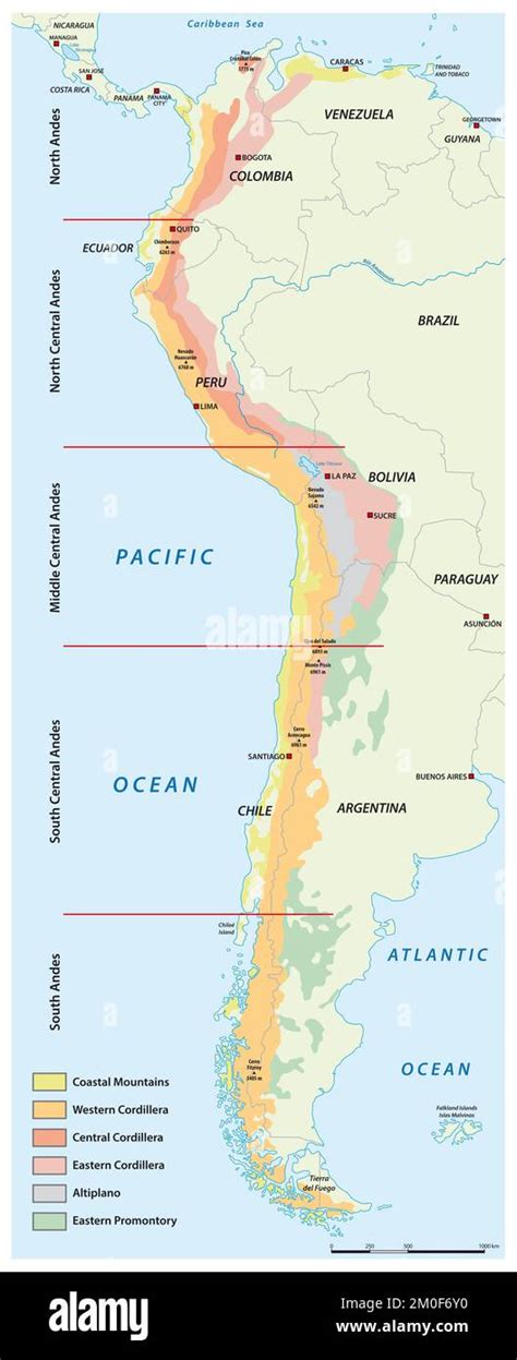 Map of the divisions of the South American mountains Andes Stock Photo ...