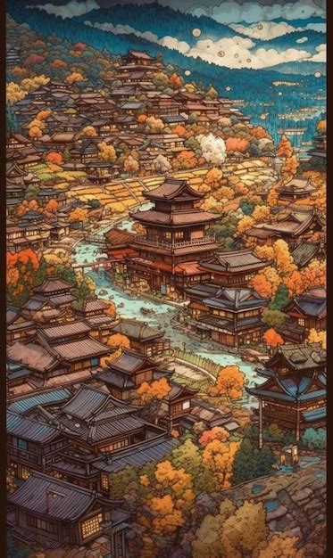 Premium AI Image | A painting of a village with a small town in the background.