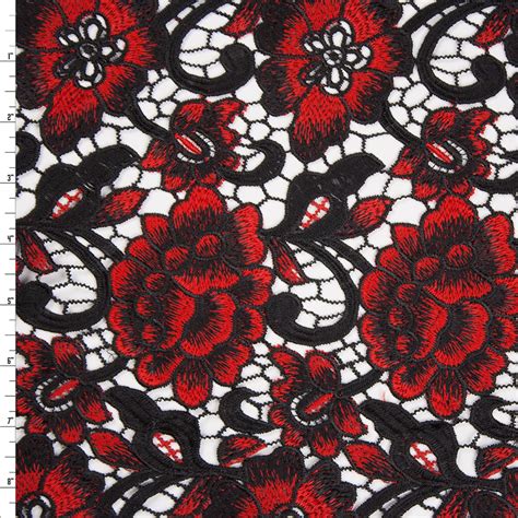 Cali Fabrics Black and Red Flowers and Scrollwork Designer Lace Fabric by the Yard