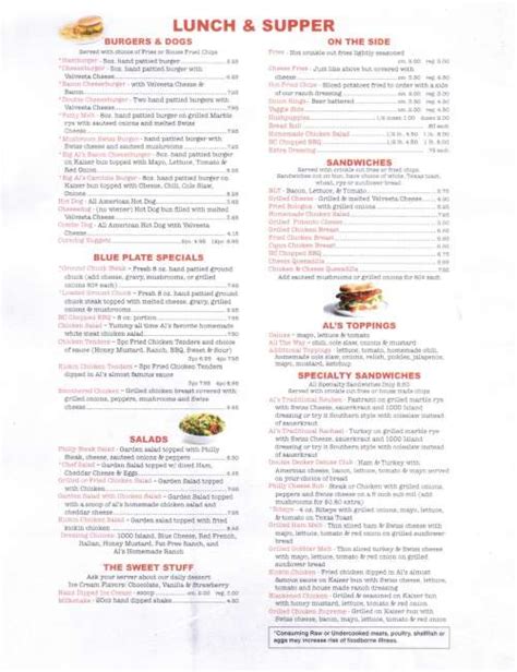 Al's Diner menu in Pittsboro, North Carolina, USA