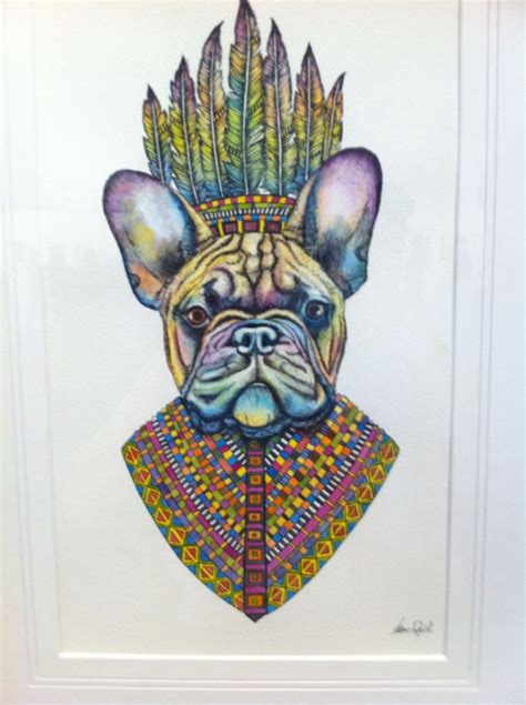 a painting of a dog wearing a headdress with feathers on it's head