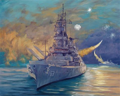 [Art] USS Missouri (BB-63) under attack by Iraqi Silkworm. Painting, oil on canvas board by John ...