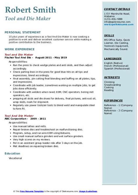 Tool And Die Maker Resume Samples | QwikResume