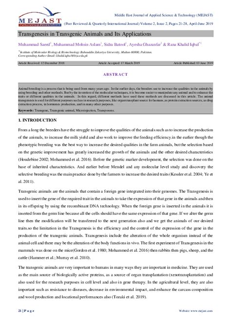 (PDF) Transgenesis in Transgenic Animals and Its Applications | AJAST Journal - Academia.edu