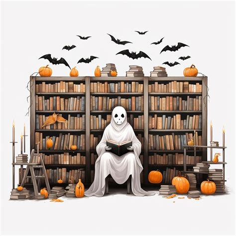 Premium AI Image | spooky sticker white background of a ghost reading a book between tall book ...