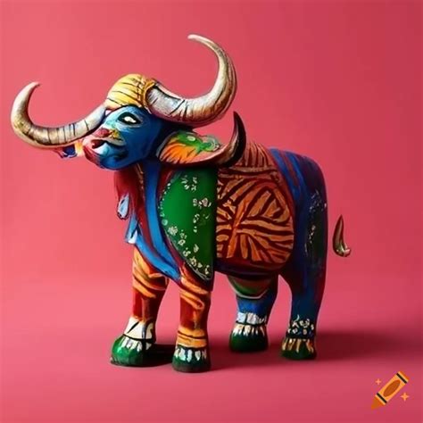 Colorful wooden buffalo statue on Craiyon