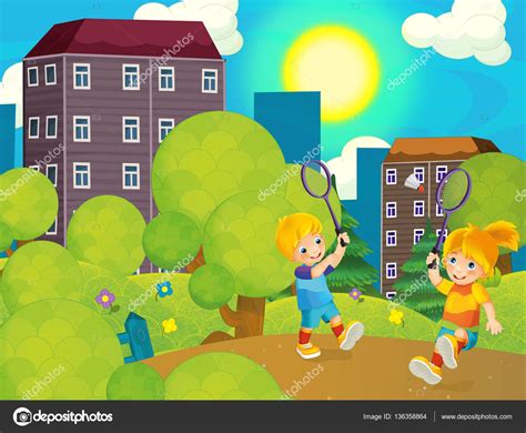 Cartoon scene with kids playing tennis in the park - beautiful day - illustration for children ...