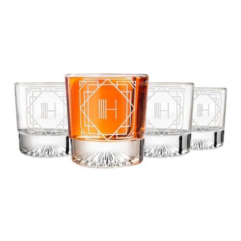 Monogram Art Deco Etched Letter H Whiskey Glasses - Set of 4 | Greenline Goods