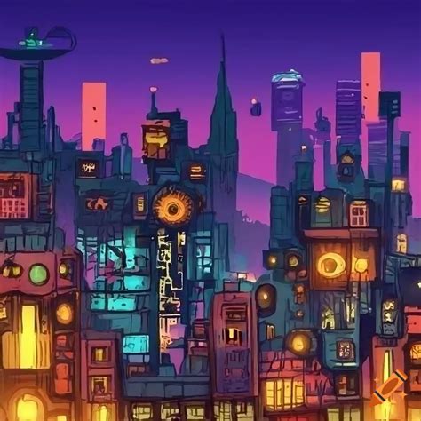 Steampunk cyberpunk city illustration