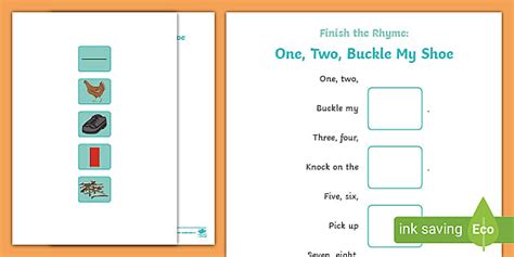 Finish the Rhyme: One, Two, Buckle My Shoe Worksheet