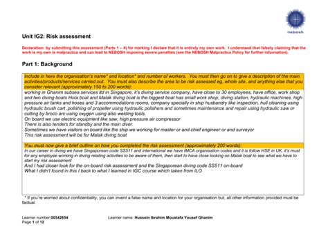 nebosh igc risk assessment, Hussein Ghanim, HSE