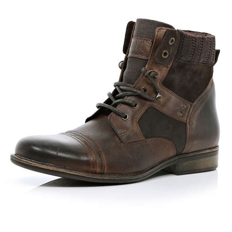 River island Dark Brown Contrast Panel Military Boots in Brown for Men | Lyst