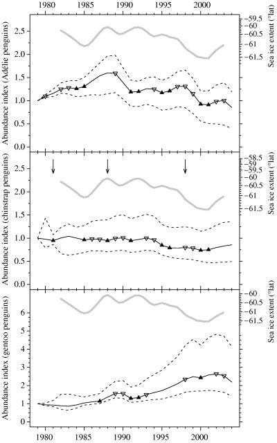 Abundance indices of Adélie, chinstrap and gentoo penguins breeding at... | Download Scientific ...