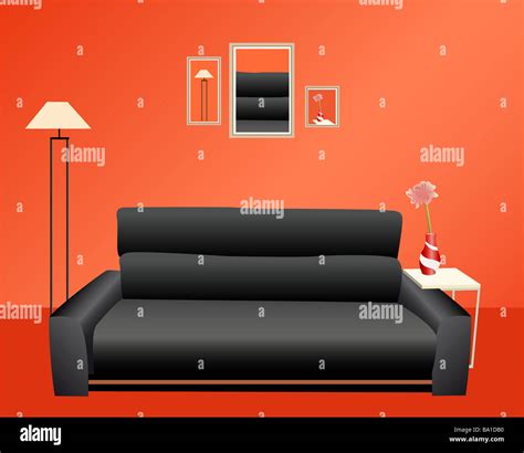 black sofa on red wall vector Stock Photo - Alamy