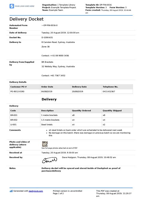 Delivery Docket template [Better than word, excel, PDF] - Free to use