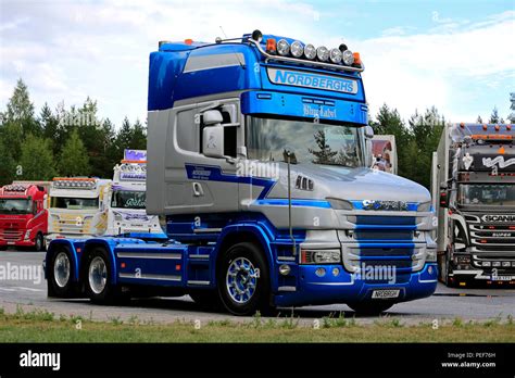 LEMPAALA, FINLAND - AUGUST 12, 2018: Blue and silver Scania T cab of ...