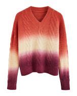 Ocean Ombre V-Neck Cable Knit Sweater - Retro, Indie and Unique Fashion