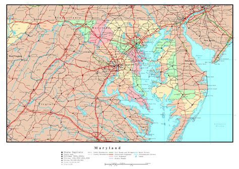 Large detailed administrative map of Maryland state with roads, highways and major cities ...