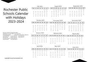 Rochester Public Schools Calendar with Holidays 2023-2024