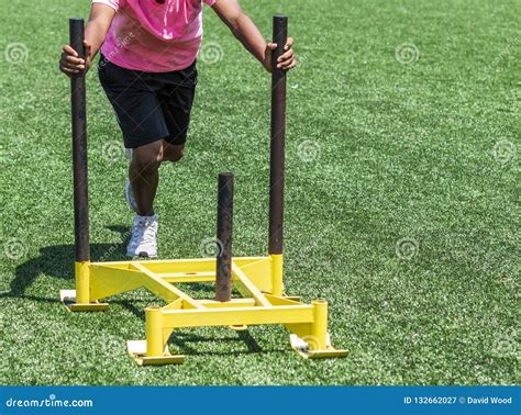 Athlete in Pink Shirt Pushing a Sled on Turf Stock Image - Image of athlete, physical: 132662027