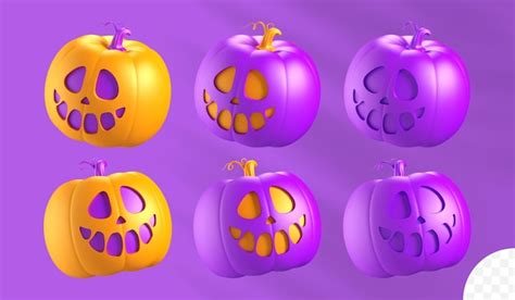 Premium PSD | 3d render purple and orange pumpkins happy helloween objects set of festive clip ...