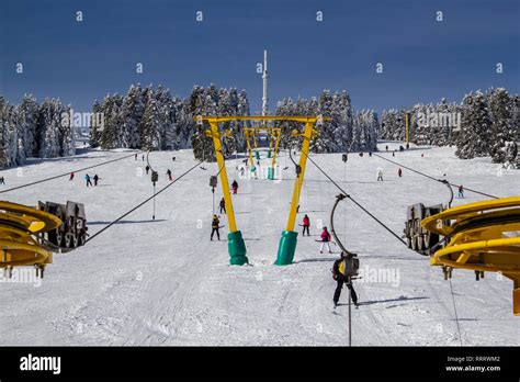 Uludag, Bursa / Turkey - January 22 2019: Winter ski resort. Ski lift ...