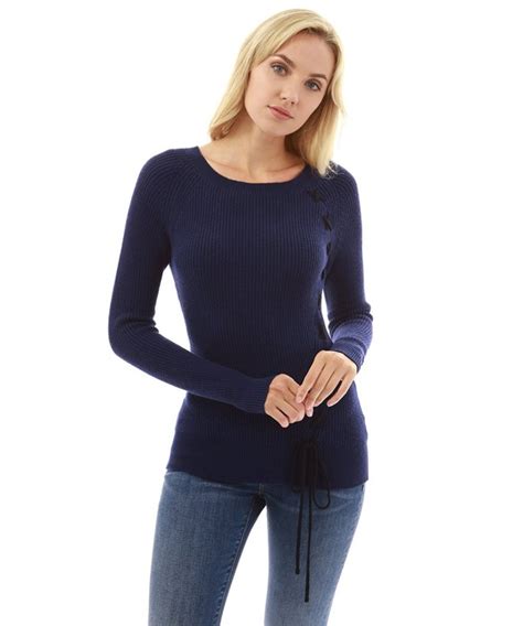 Women's Raglan Long Sleeve Lace Up Sweater - Navy Blue and Black - CW185GWQS3Z