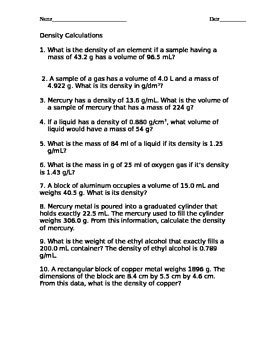 Density Calculations Worksheet by James Brady | Teachers Pay Teachers