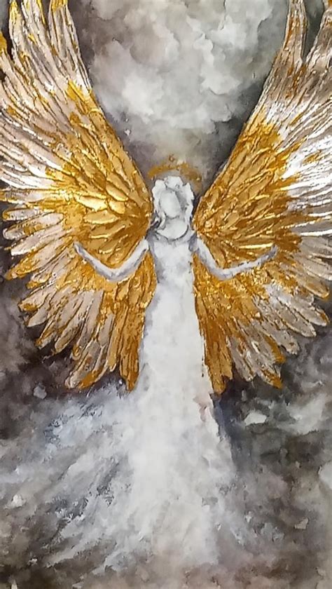 Abstract Angel Painting, Watercolor White Angel Art, Gold-silver Angel Wings, Mixed Technique ...