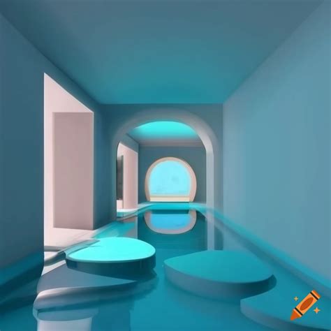 Surreal 3d rendered living room with pool hallway