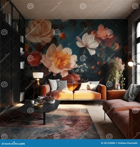 Modern Living Room Interior, Beautiful Floral Mural, Flowers on Wall ...