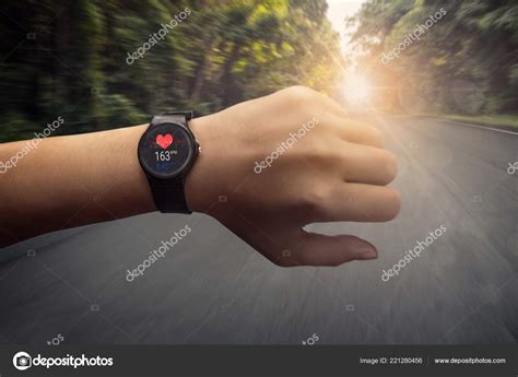 Runner Checking Heart Rate Monitor Smart Watch Running Road Forest ...