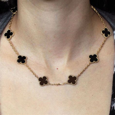 Van Cleef & Arpels 18k Gold Onyx 10 Motif Alhambra Necklace