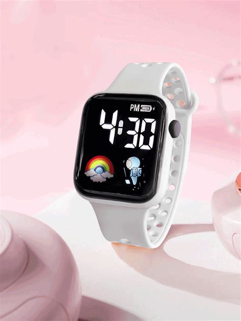 1pc Girls White TPU Strap Sporty Rainbow & Astronaut Pattern Square Dial Digital Watch For Daily ...