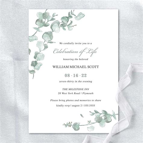 Memorial Service Invitation Templates Eucalyptus Greenery