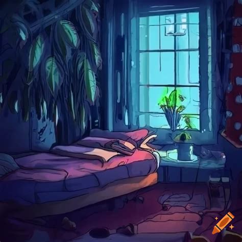 Cozy bedroom with plants at night looking out a rainy window in lofi art style on Craiyon