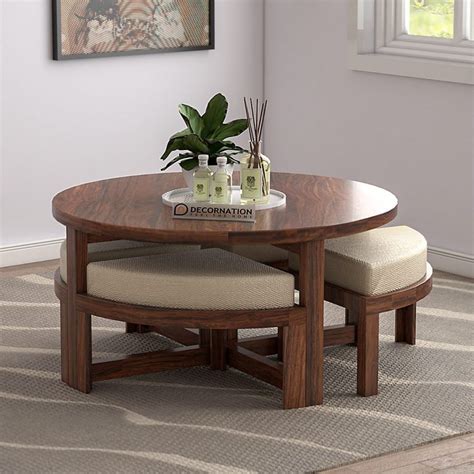 Exeter Solid Wooden Circular Coffee Table with 4 Stools - Natural Finish - Decornation