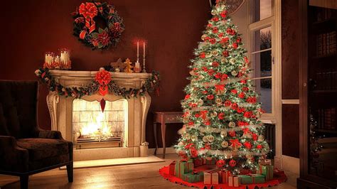 1920x1080px | free download | HD wallpaper: fireplace, christmas tree, interior, indoor, living ...