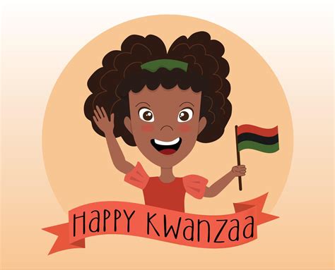 Happy African American girl holding Kwanzaa flag - red, black, green. Celebrating cute smiling ...