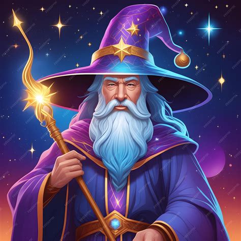 Premium AI Image | Wizard with magic wand in night sky background Vector illustration