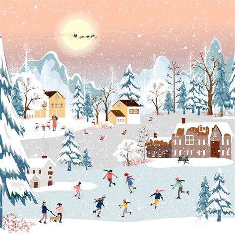 Winter scene landscape on Christmas night,Vector banner cute winter ...