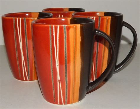 4 Home Trends Bazaar Square Coffee Mugs Orange Red Brown White Stripes Modern #HomeTrends ...