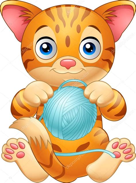 Blue yarn cartoon | Cartoon baby cat playing with ball of blue yarn ...