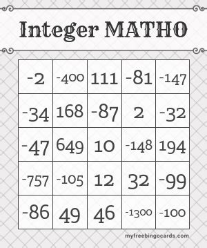 Integer MATHO Bingo