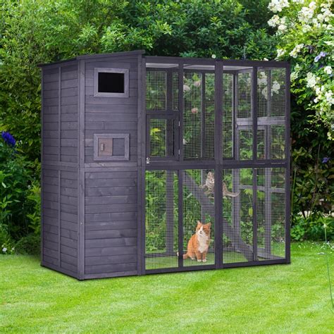 Pawhut Large Wooden Outdoor Cat House With Large Run For Play, Catio For Lounging, And A Condo ...