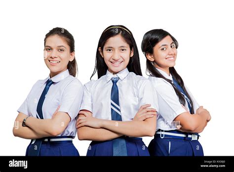 3 Indian High School Girls Students Arms Crossed Standing Together ...