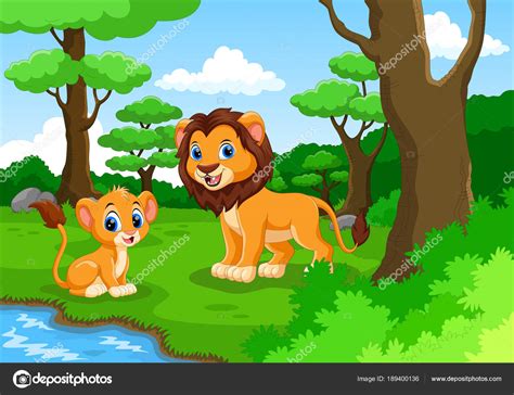 Lion Cartoon Forest His Cute Son Stock Vector by ©irwanjos2 189400136